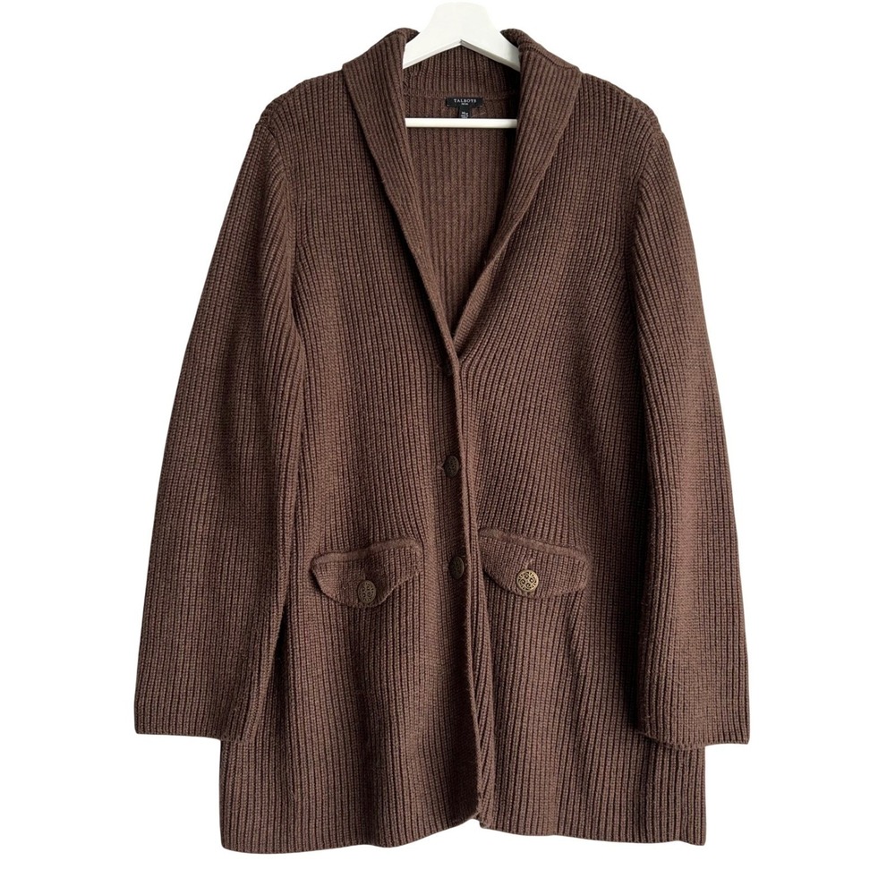 Talbots  Brown Ribbed Shawl Collar Button Front Cardigan Sweater, wns XL petite